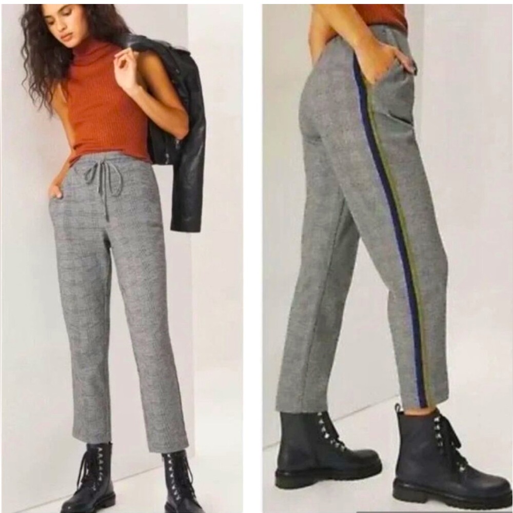 Maeve by Anthropologie Bettie High Rise Gray Plaid Houndstooth Pants Side Stripe